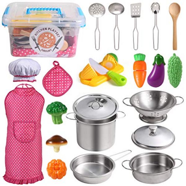 Juboury Küchenspielzeug Kinderküche, Kochgeschirr, Schürze und Kochmütze